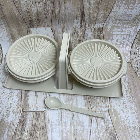 Vintage TUPPERWARE two 1323 Condiment Bowls W/Lids 812 Caddy 1550 spoon - Picture 4 of 16